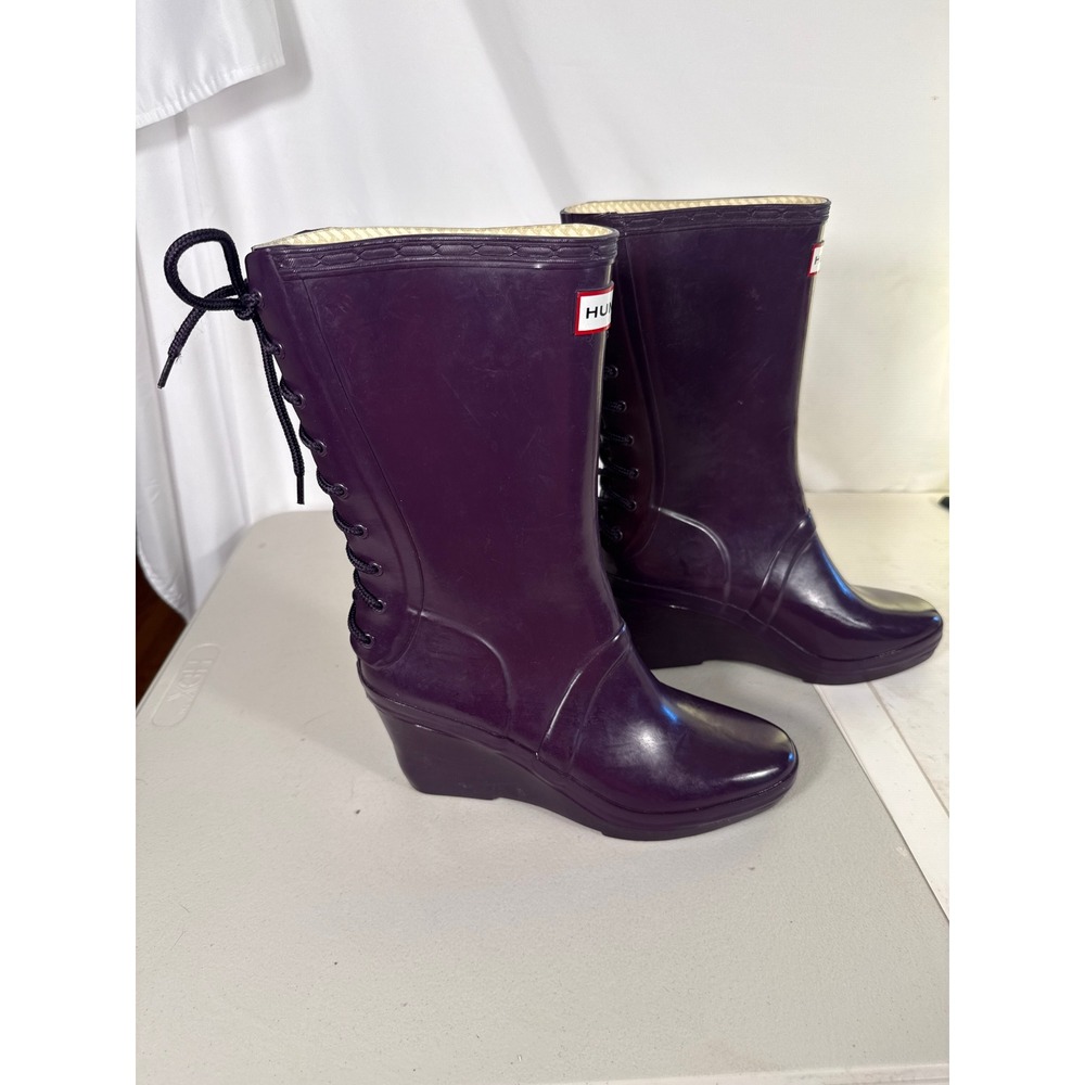 Hunter Original Lace Up Wedge Rain Boots Purple Mid Calf Waterproof 3" heel. S 8 - Picture 3 of 11